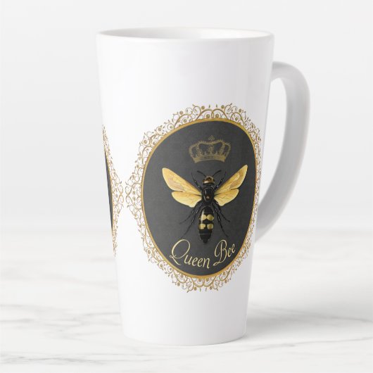 クイーンエレガントビーフランスのグレイ金ゴールドイエロー カフェラテマグ (右アングル)