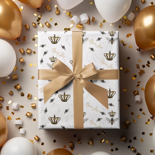クイーンエレガントビー金ゴールドクラウンホワイト ラッピングペーパー