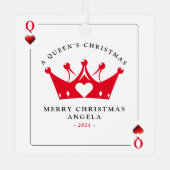 クイーンオブカジノハートトランプのポーカーカードクリスマス メタルオーナメント (正面)