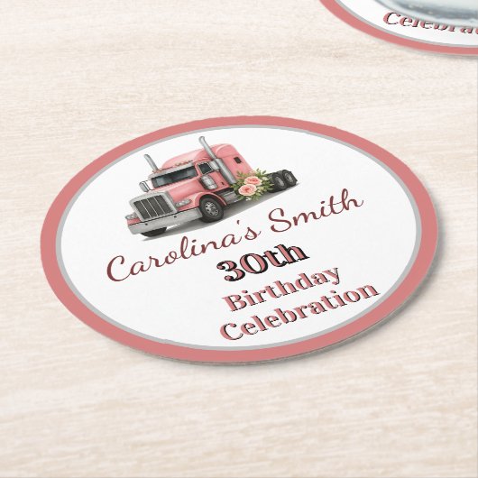 クイーンオブザロード誕生日女性トラックドライバー ラウンドペーパーコースター (アングル)