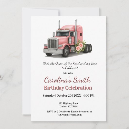 クイーンオブザロード誕生日女性トラックドライバー 招待状 (正面)