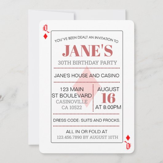 クイーンオブダイヤモンドカジノトランプ誕生日 招待状 (正面)