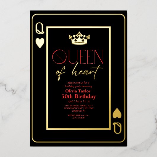 クイーンオブハートブラックレッド金ゴールド誕生日パーティー 箔招待状 (正面)