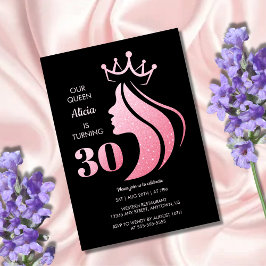 クイーンクラウンピンクグリッターブラック30歳の誕生日 招待状