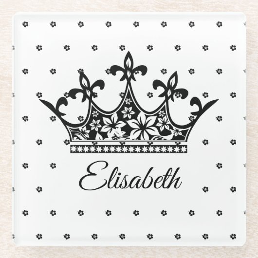 クイーンクラウンフローラ白黒美しいヴィンテージ ガラスコースター (正面)