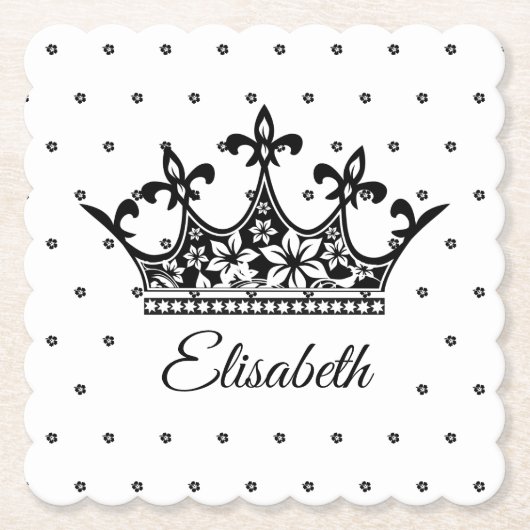 クイーンクラウンフローラ白黒美しいヴィンテージ ペーパーコースター (正面)