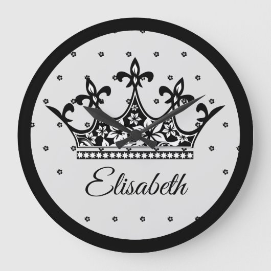 クイーンクラウンフローラ白黒美しいヴィンテージ ラージ壁時計 (正面)