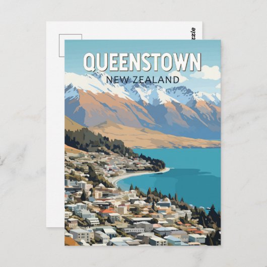 クイーンズタウンニュージーランドトラベルアートヴィンテージ ポストカード (正面/裏面)