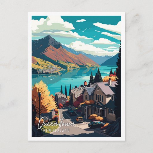クイーンズタウンニュージーランドヴィンテージ旅行イラストレーション ポストカード (正面)