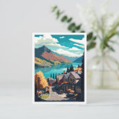 クイーンズタウンニュージーランドヴィンテージ旅行イラストレーション ポストカード (スタンド正面)