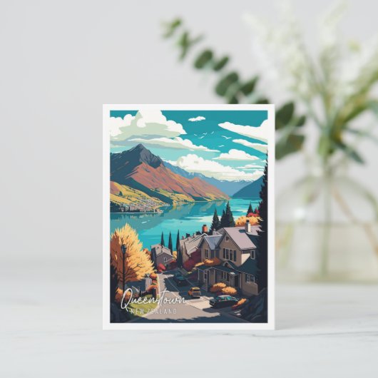 クイーンズタウンニュージーランドヴィンテージ旅行イラストレーション ポストカード (スタンド正面)