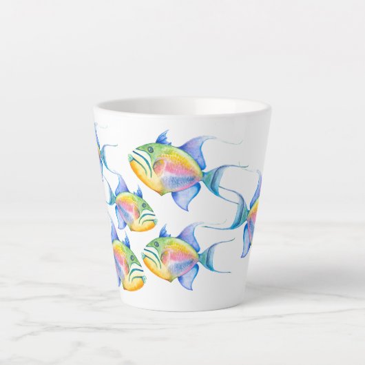 クイーントリガーフィッシュ熱帯魚の水のカラーアート カフェラテマグ (正面)