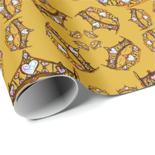 クイーンハート金ゴールドクラウンティアラパターンマスタード ラッピングペーパー (ロールコーナー)