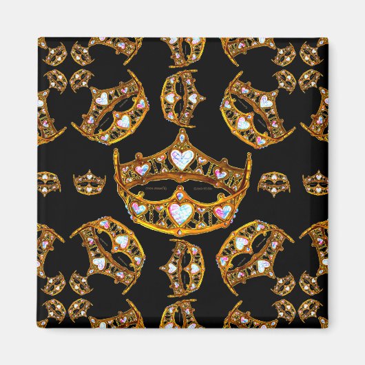 クイーンハート金ゴールドクラウンティアラブラックスクエアマグネット マグネット (正面)