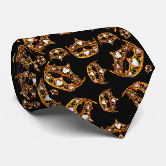 クイーンハート金ゴールドクラウンティアラ模様ブラックタイ ネクタイ (ロール)
