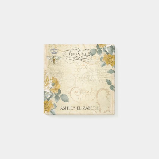クイーンビーイエロー金ゴールドバラフローラモノグラム3x3 ポストイット (正面)
