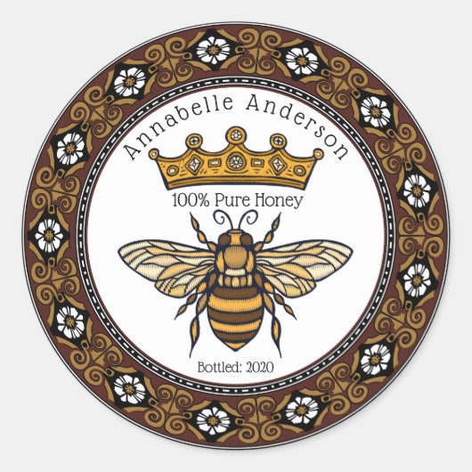 クイーンビーエレガントフレームハニーラベルのパーソナライズ ラウンドシール (正面)