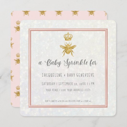 クイーンビークラウン金ゴールドグリッターピンクエレガントガール 招待状 (正面/裏面)