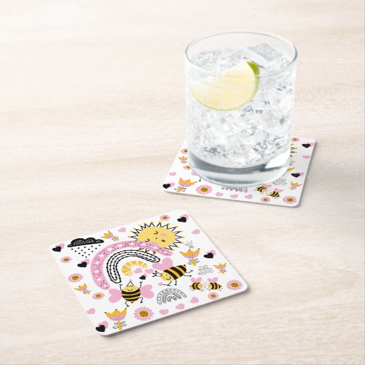 クイーンビーズキュートBFF、ベビーガール、ギフトピガーリーンク スクエアペーパーコースター (インサイチュ)