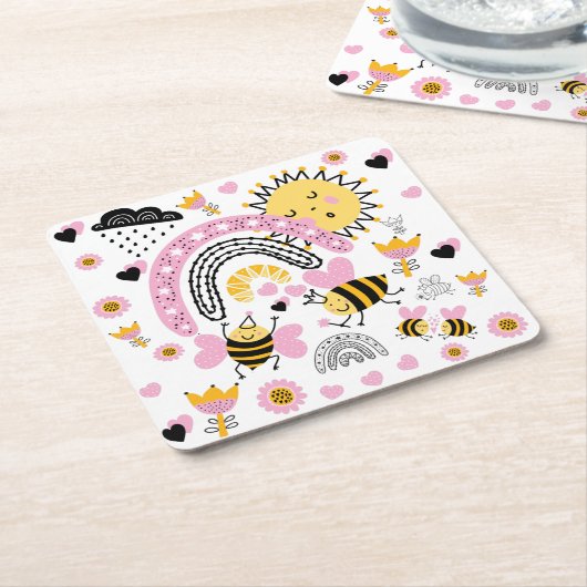 クイーンビーズキュートBFF、ベビーガール、ギフトピガーリーンク スクエアペーパーコースター (アングル)