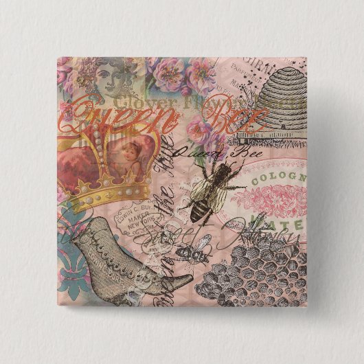 クイーンビーヴィンテージビューティフルコラージュ 缶バッジ (正面)