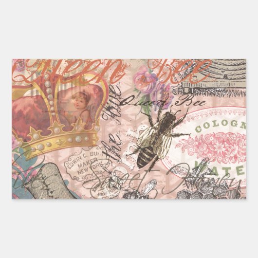 クイーンビーヴィンテージビューティフルコラージュ 長方形シール (正面)