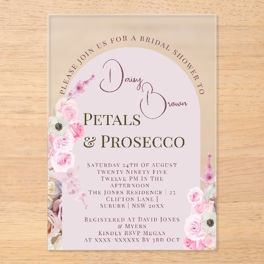 クイーンピンクフローラアーチサマーブライダルシャワー アクリル招待状 (正面)