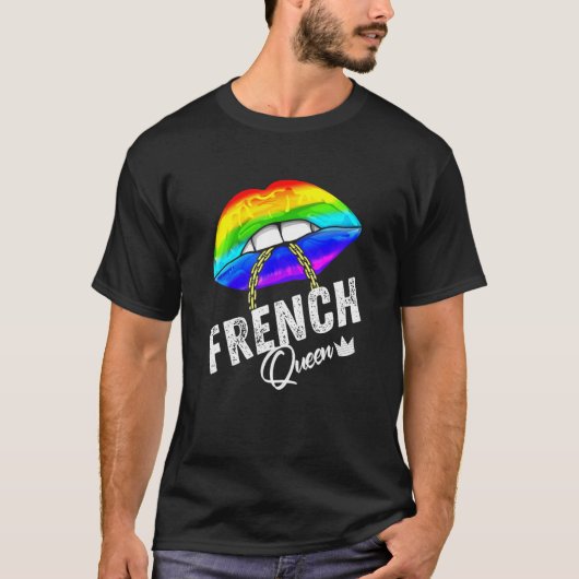 クイーンフランスのLgbtqゲイプライドフラッグリップレインボーメンズ Tシャツ (正面)