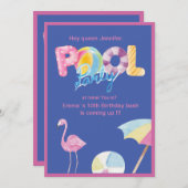 クイーンプールパーティーバッシュ:トレンディーピンクの青い10代の子供 招待状 (正面/裏面)