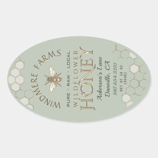 クイーンラインハニーラベル16/32ozハニカムビーセージ 楕円形シール (正面)