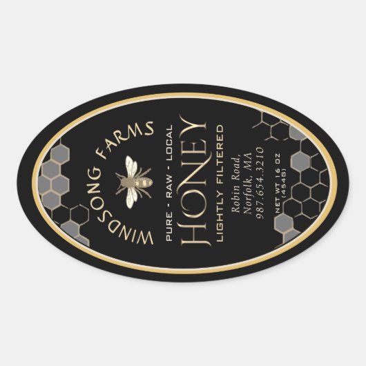 クイーンラインハニーラベル16/32ozハニカムビーブラック 楕円形シール (正面)