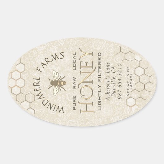クイーンラインハニーラベル16/32ozハニカムビー金ゴールド 楕円形シール (正面)