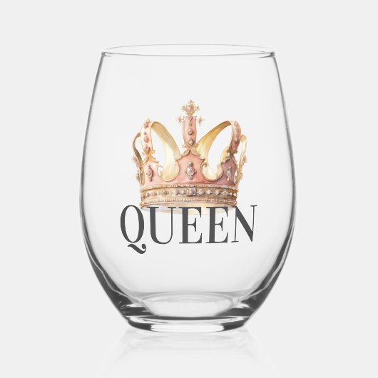 クイーン王室のピンクと金ゴールドクラウン ステムなしワイングラス (正面)