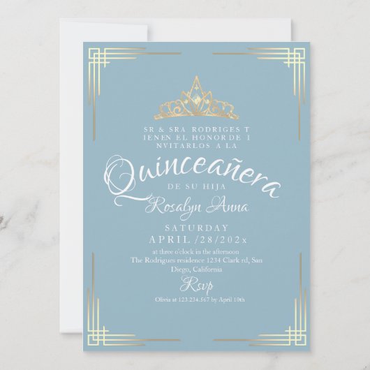 クエレガントイスペインのンセアニラミクインズブルー金ゴールド 招待状 (裏面)