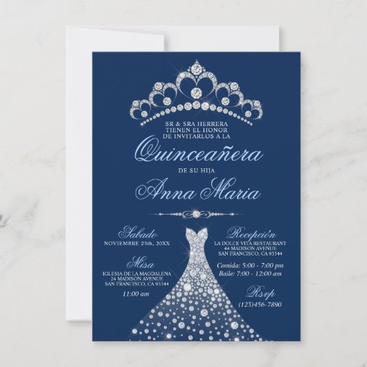 クエレガントイスペインのンセアニラミスカインスネイビーブルー 招待状 (正面)