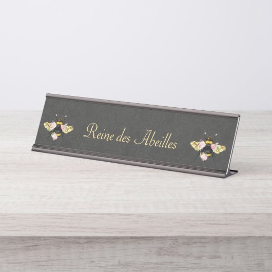 クエレガントイーンビーピンクローズグレイ金ゴールド デスクネームプレート (正面)