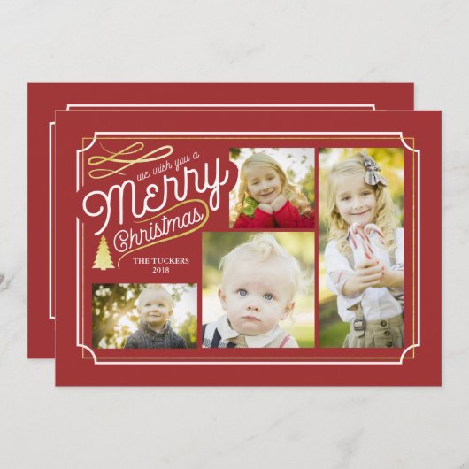 クエレガントリスマス写真の赤と金ゴールド シーズンカード (正面/裏面)