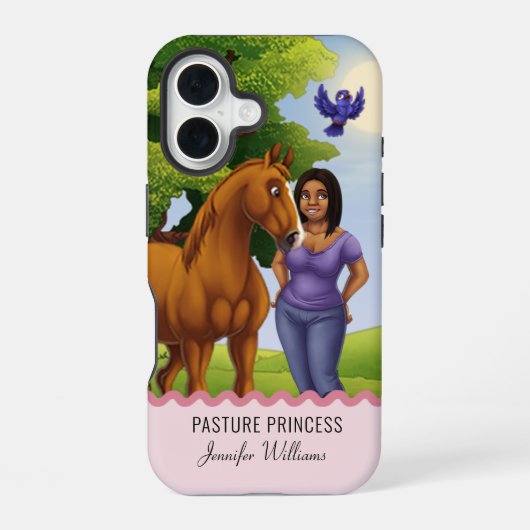 クォーターホースに乗る女性騎手のイラスト iPhone 16ケース (裏面)
