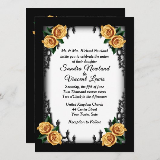 クォーフランスのタゴシック4コーナーイエローローズ結婚ズ 招待状 (正面/裏面)