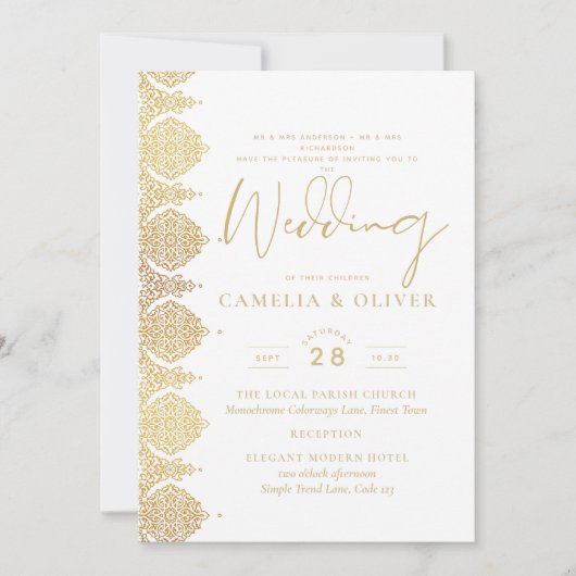 クオリティ金ゴールドホワイトレースエレガントウェディング招待状 招待状 (正面)