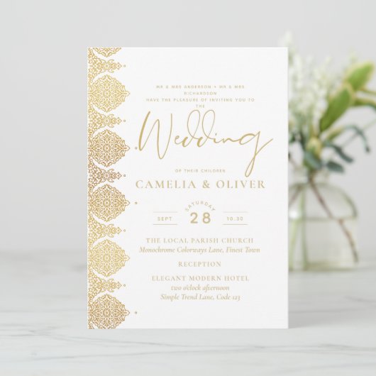 クオリティ金ゴールドホワイトレースエレガントウェディング招待状 招待状 (スタンド正面)
