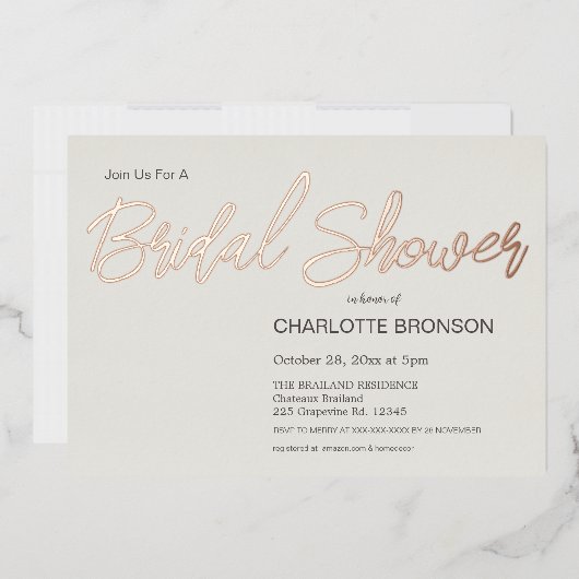 クオーツミニマリストスクリプトブライダルシャワーバラ金ゴールド 箔招待状 (封筒)