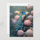 クジャクお洒落ピンクアジサイの花 ポストカード (正面/裏面)