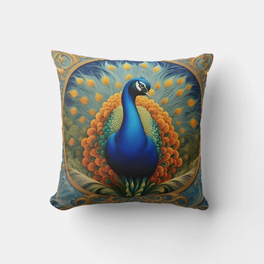 クジャクが明るい羽根を見る クッション (正面)