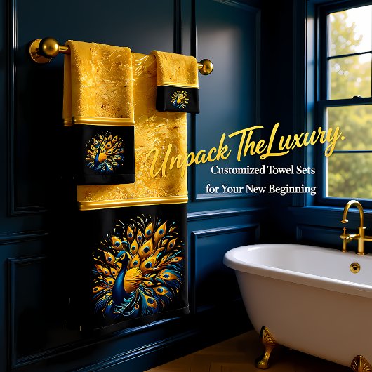 クジャクが青と黄色の羽毛を見る バスタオルセット