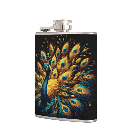 クジャクが青と黄色の羽毛を見る フラスク (左)