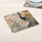 クジャクのゴールドグリッター ラブ ブラッシュ ローズ スクエアペーパーコースター (アングル)