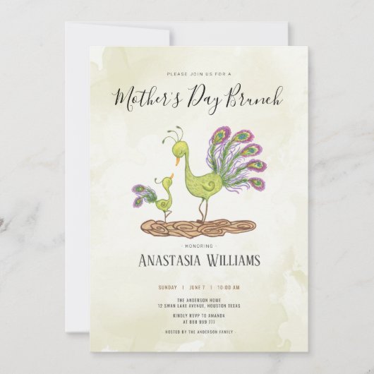 クジャクの水彩母の日のブランチ 招待状 (正面)