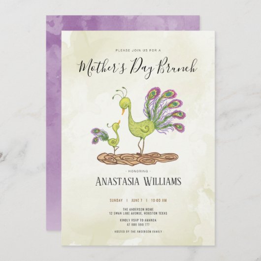 クジャクの水彩母の日のブランチ 招待状 (正面/裏面)