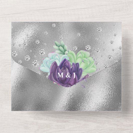 クジャクの水色の多肉植物 オールインワン招待状 (裏面)